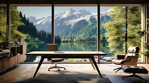 Virtual Home Office Background for presentations and work from home online zoom meetings surrounded by scenic lake and mountains