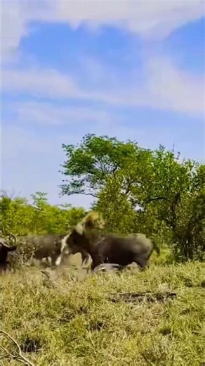 Lion trapped between cape buffaloes..#wildlife #shorts #capebuffalo #lion #ytshorts #nature