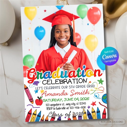 Kids Graduation Photo Invitation, Editable Moving up Ceremony Invite, Elementary Graduation Party Invitation, Colorful School Graduation - Etsy