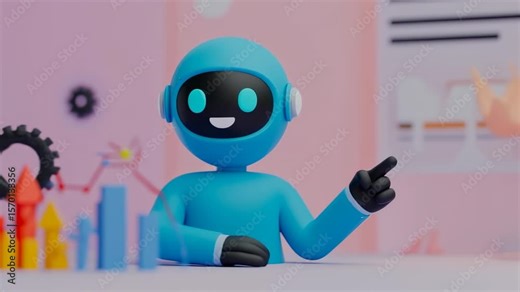 2D animated sequence of floating icons: gears, chart growth, AI avatar pointing—smooth motion, pastel UI panels.