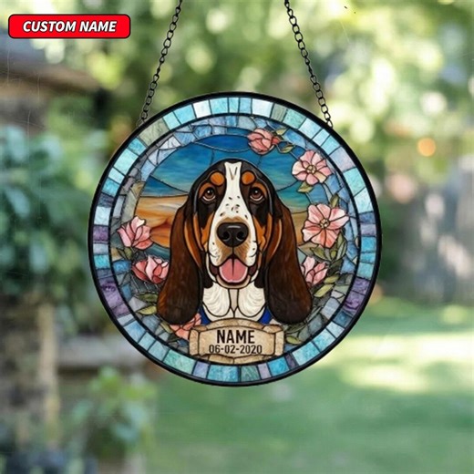 Personalized Basset Hound Portrait Stained Glass Suncatcher, Custom Pet Memorial Stained Glass Photo Suncatcher, Dog Loss Keepsake - Etsy