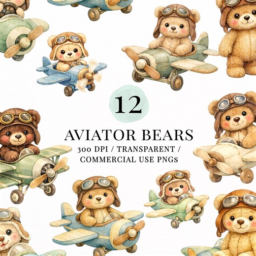Watercolor Teddy Bear Airplane Clipart PNG, Cute Aviator Bear Graphics, Baby Boy Nursery Clipart, Vintage Plane Pilot Bears Sublimation - Etsy