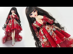 DIY BJD Red Party Dress And DIY Doll Wig Tutorial / DIY Barbie Dress / Cara Membuat Dress Boneka BJD