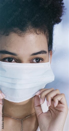 Face mask, business person and PPE in office for health, safety and compliance. Woman, regulations and protection in workplace with virus prevention, policy and rules for wellness and staff hygiene
