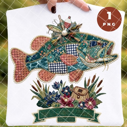 Patchwork Bass Fish Clipart PNG, Faux Embroidery Style Fishing Design, Vintage Fabric Applique Digital Download - Etsy