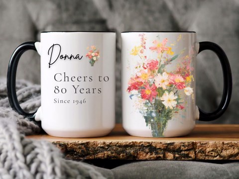 Floral Bouquet Ceramic Mug, Vibrant Watercolor Art Coffee Cup, Personalized 80th Birthday Mug