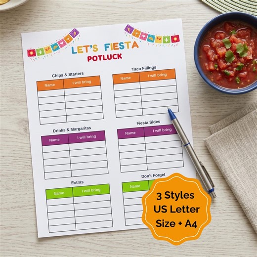 Fiesta Potluck Printable Sign up Sheet for Cinco De Mayo Celebrations, Taco Nacho Bar Party Essentials, Mexican Party Printable - Etsy