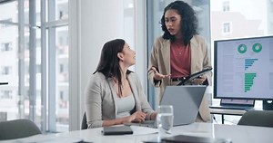 Business woman, data analytics and team with tablet for analysis, statistics or discussion on corporate growth at office. Female person or employees on technology in planning or strategy at workplace