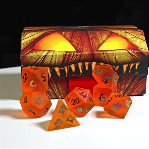 Mimic Dice - Frosted Orange Glass with Pumpkin Mimic Tuckbox
