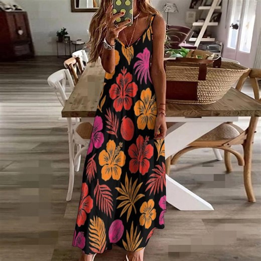 Boho Chic Maxi Dress for Summer and Holidays - Tropical Hibiscus and Palm Tree Print - Long Aloha Shirt Dress - Etsy