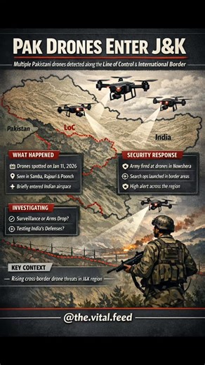 Vital Feed on Instagram: "Multiple suspected drones believed to have come from Pakistan were detected along both the Line of Control (LoC) and the International Border (IB) in Jammu & Kashmir on the evening of Jan 11, 2026. Sightings were reported in Samba, Rajouri and Poonch districts, where the objects entered briefly into Indian airspace then retreated back across the border. Indian security forces responded by launching search operations and heightening alert levels nationwide. 🛡 Security R