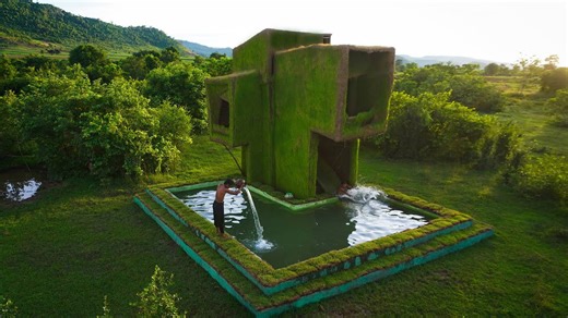 Eco-friendly mud house with rice plants and a pool slide built by hands in nature