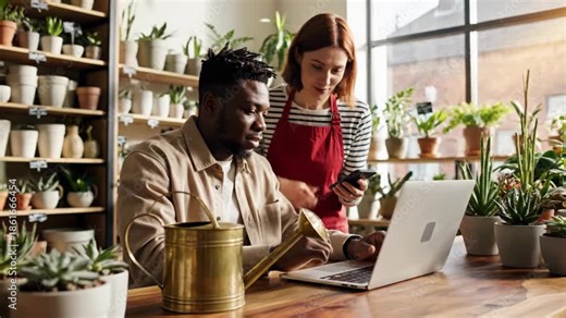 Collaborating owners manage online orders, checking stock inventory on laptop and phone.