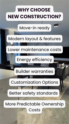 Is new construction the move for you? Let's break it down 👇 Top Benefits of a New Build Home: 1. Move-In Ready Everything is brand new—no repairs, no renovations, no surprises. Just unpack and enjoy. 2. Modern Layouts & Features Open floor plans, large kitchens, smart home tech, energy-efficient systems, and up-to-date designs that fit today’s lifestyle. 3. Lower Maintenance Costs New roof, new HVAC, new appliances, new everything. Fewer big-ticket expenses for years to come. 4. Energy Efficien