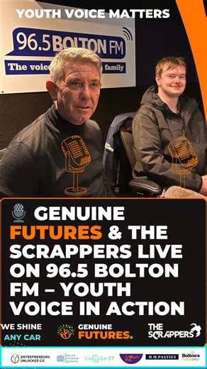 🎙️ INTERVIEW | Youth Voice Matters – Part 1 | Luis’ Story Part 1 of our interview, and this one is about Luis Green. Live on Bolton FM (96.5) on The Andrew & Phil Show, Luis spoke honestly about what it feels like to be left behind — dropping out of college, applying for job after job, and getting nowhere. No feedback. No opportunities. Just silence. That’s the reality for too many young people. Through Genuine Futures, supported by The Scrappers, Luis didn’t just find something to do — he foun