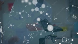 Molecular structure animation over scientists working with microscope in laboratory