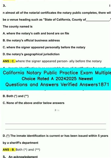 California Notary Public Practice Exam Multiple Choice Rated A 20242025 Newest Questions and Answers