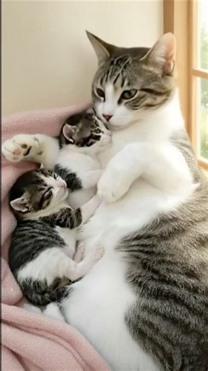 MOTHER Cat Helps Her Kittens Sleep Peacefully💞