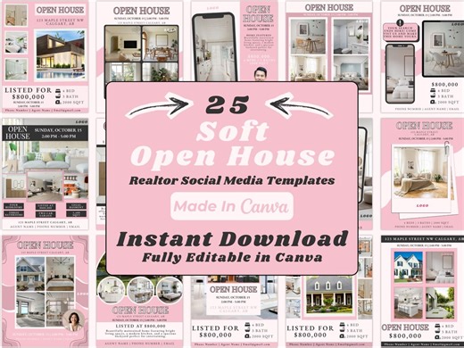Open House Canva Templates for Realtors | Real Estate Instagram Templates | Pink Editable Social Media Posts | Instant Download - Etsy