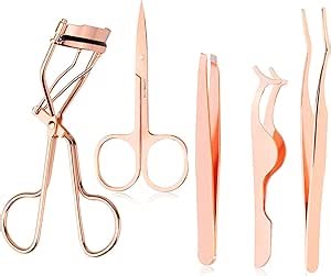 5 Pieces Eyelash Applicator Tool False Eyelashes Applicator Eyebrow Curler Eyebrow Scissors (Rose Golden)