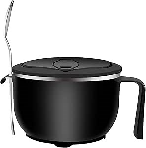 LIFKOME Stainless Ramen Bowl with Lid Handle 40 OZ Large Instant Noodle Bowl Salad with Spoon for Soup, Noodles, Ramen Black
