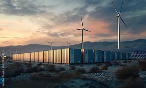 Row of large battery storage containers at a renewable energy facility.