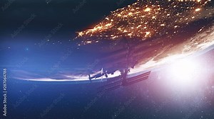 3d animation International Space Station flies near planet Earth in dark outer space with bright stars. Motion graph. Science and technology concept. 4K. Elements of this media furnished by NASA