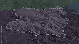 Lori, province with its capital, zoomed and extruded on the administrative map of Armenia in the conformal Stereographic projection. Animation 3D