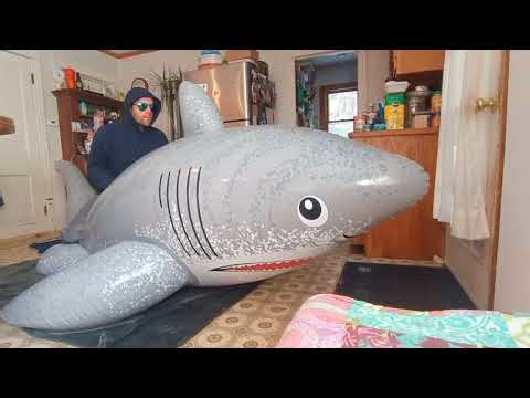 Bouncing on the big inflatable shark
