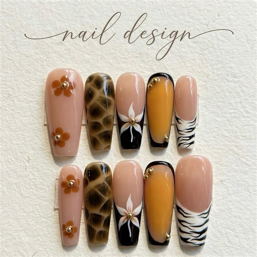 Tortoiseshell and Zebra Print Press on Nails | 3D Flower Mustard Yellow Nails | Long Coffin Fall Nails | Handmade Luxury Animal Print Nails - Etsy