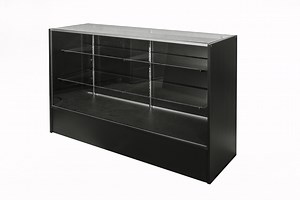 Shop Counters For Sale in Timber, Black and White with Glass Shelving