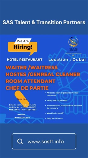Urgent Dubai Hiring 2025 🚨 | Waiter, Cleaner, Hostess | Salary 2700 AED!