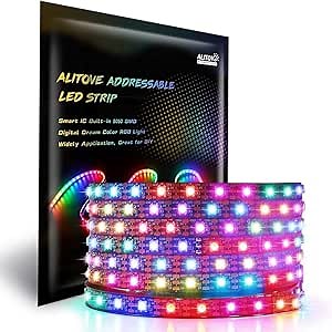 ALITOVE 16.4FT 300 Pixels WS2812B Programmable Addressable LED Strip Light Black PCB 5050 RGB Dream Color Flexible LED Rope Light DC5V Not Waterproof
