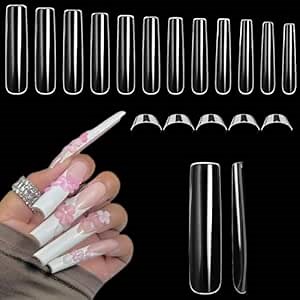 XXL Nail Tips Square 504 Pcs 12 Sizes - No C Curve Flat Square Nail Tips Clear 2XL Full Cover Tapered Gel Acrylic Fake Nails Gelly Tips for Nail Extension Nail Art