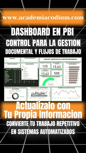 Dashboard de Control para la Gestión Documental y Flujos de Trabajo 🧩 ¿QUÉ INCLUYE ESTA PLANTILLA? ✅ Base de datos en Excel totalmente actualizable con tu propia información ✅ Archivo Power BI (.PBIX) listo para adaptarse a tus datos ✅ KPIs (indicadores clave de desempeño) de gestión documental, estados de documentos, tiempos de aprobación, flujos de trabajo y cumplimiento ✅ Todos los objetos visuales editables y personalizables ✅ Estructura profesional lista para implementar en minutos
