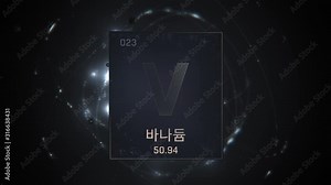 Vanadium as Element 23 of the Periodic Table. Seamlessly looping 3D animation on silver illuminated atom design background orbiting electrons name, atomic weight element number in Korean language