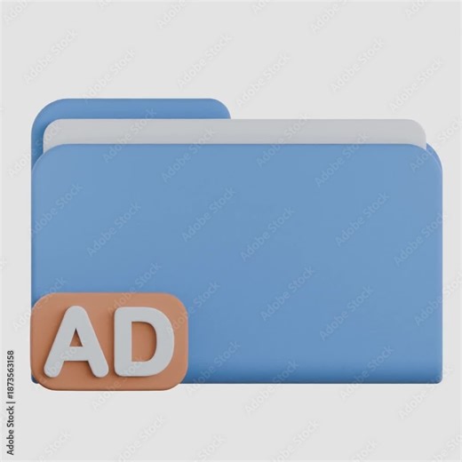 Blue 3D folder icon featuring a tan AD badge representing organized advertising files and marketing documentation