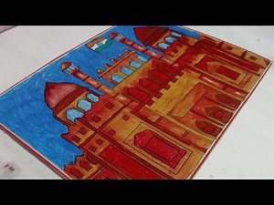 How to draw Red Fort, New Delhi, Lal Qila - Red Fort Drawing Easy With Color, लाल किला की चित्रकारी