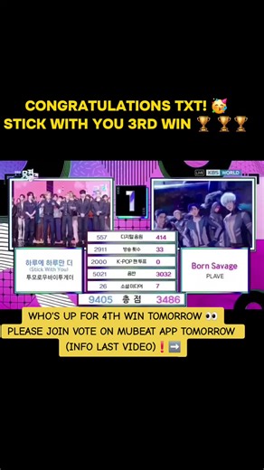 TXT 3rd WIN today👏🥳 MOA please don't forget to join vote tomorrow.❗️ You will be part of the history if you guys join the vote and get TXT their 1st Win on Music Core show. More info & tutorials vote can visit @ txtvotingcrew on twt/ tt #txt #tomorrow_x_together #moa #stickwithyou