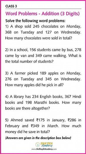 📋 Word Problems - Addition By Carrying Over (3 Digits) | Maths Worksheet with Answers 🧑🏻‍🏫 | Class 3