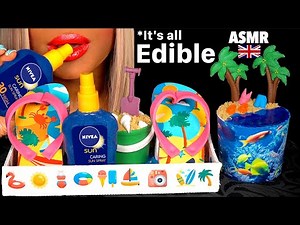 ASMR EATING REALISTIC CHOCOLATE FLIP FLOP, BEACH CAKE, EDIBLE SUN SPRAY BOTTLE, JULY BDAY MUKBANG 먹방