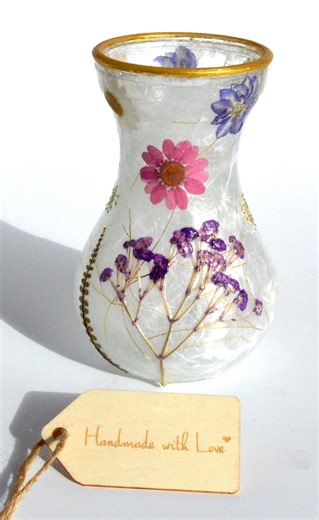 Small Glass Vase Decorated With Real Natural Dried Flowers, Decoupage, Gold Thread Rice Paper - Etsy