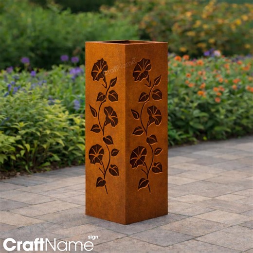 Rusty Metal Garden Column with Morning Glory Flower Vines, Outdoor Garden Art Decor for Pathway or Courtyard Decor, Gift for Gardeners