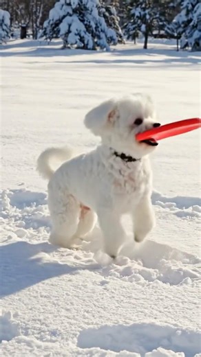 Cute white dog playing with frisbee in snow #snowy #dogshorts #dogplaying #winterfun