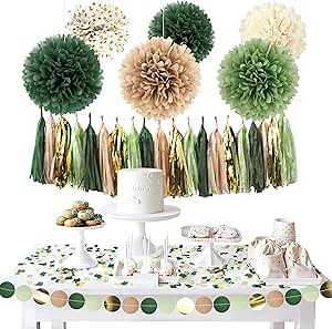 AOBKIAT Sage Green Wedding Party Decorations,28 PCS Tissue Paper Pom Poms,Circle Dots Garland Paper Tassels Hanging Backdrop for Girl Women Birthday,Bridal Baby Shower,Boho Wedding Party Supplies