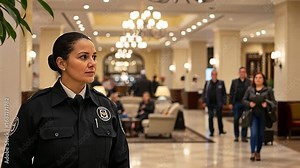 Vigilant Female Security Guard on Duty in a Grand Hotel Lobby Monitoring Guests
