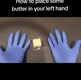 To place some butter in your left hand, first make sure your hands are clean and dry. Take a small piece of butter from the container using a butter knife or spoon. Hold your left hand open with the palm facing up, keeping your fingers slightly curved to form a small surface. Gently slide or drop the piece of butter from the utensil onto the center of your left palm. Move slowly so the butter doesn’t fall off or smear unintentionally. Once it is placed, keep your hand steady to prevent the butte