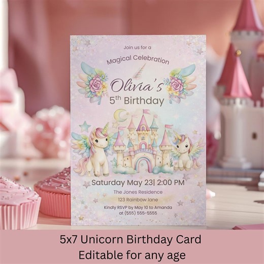 Pastel Unicorn Birthday Invitation, Editable 5x7 Girl Party Invite - Etsy