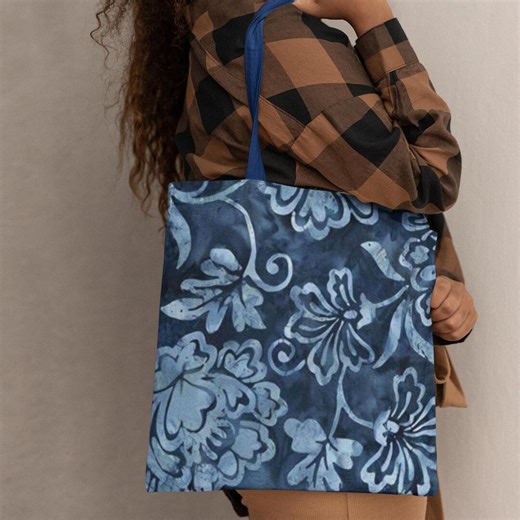 Indigo Floral Batik Tote | Navy Blue Flower Pattern Bag - Etsy