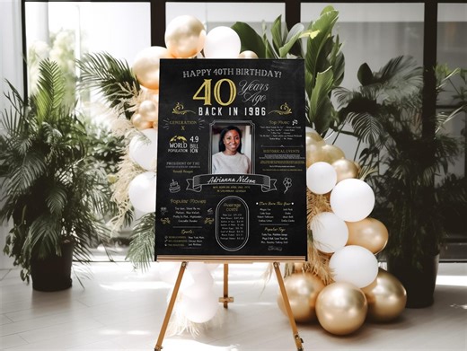 Personalized 40th Birthday Chalkboard Sign With Image, Gold and Black Birthday Sign, Back in 1986 Birth Year Facts, Printable Gifts - Etsy